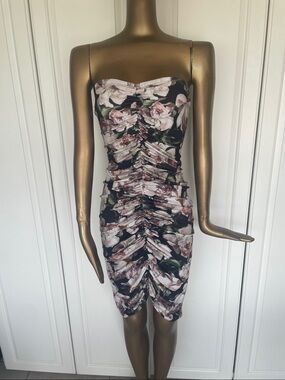 Norma Kamali Black Floral Ruched Midi Dress